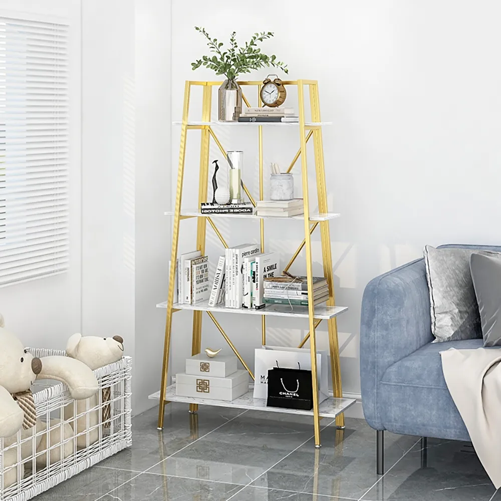 Gold Modern Metal Ladder Bookshelf Freestanding Bookcase With Solid Wood Shelf 47 2