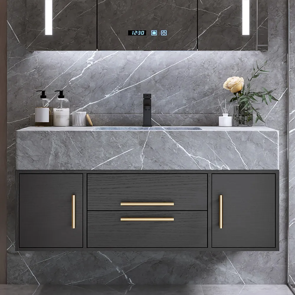 Modern 39 Floating Black Bathroom Vanity Stone Top Wall Mounted Bathroom Cabinet With Integral Ceramic Sink