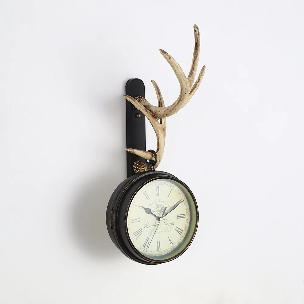 Rustic Cottage Resin Antler Clock Hanging Wall Clock Two Sided Antique Clock