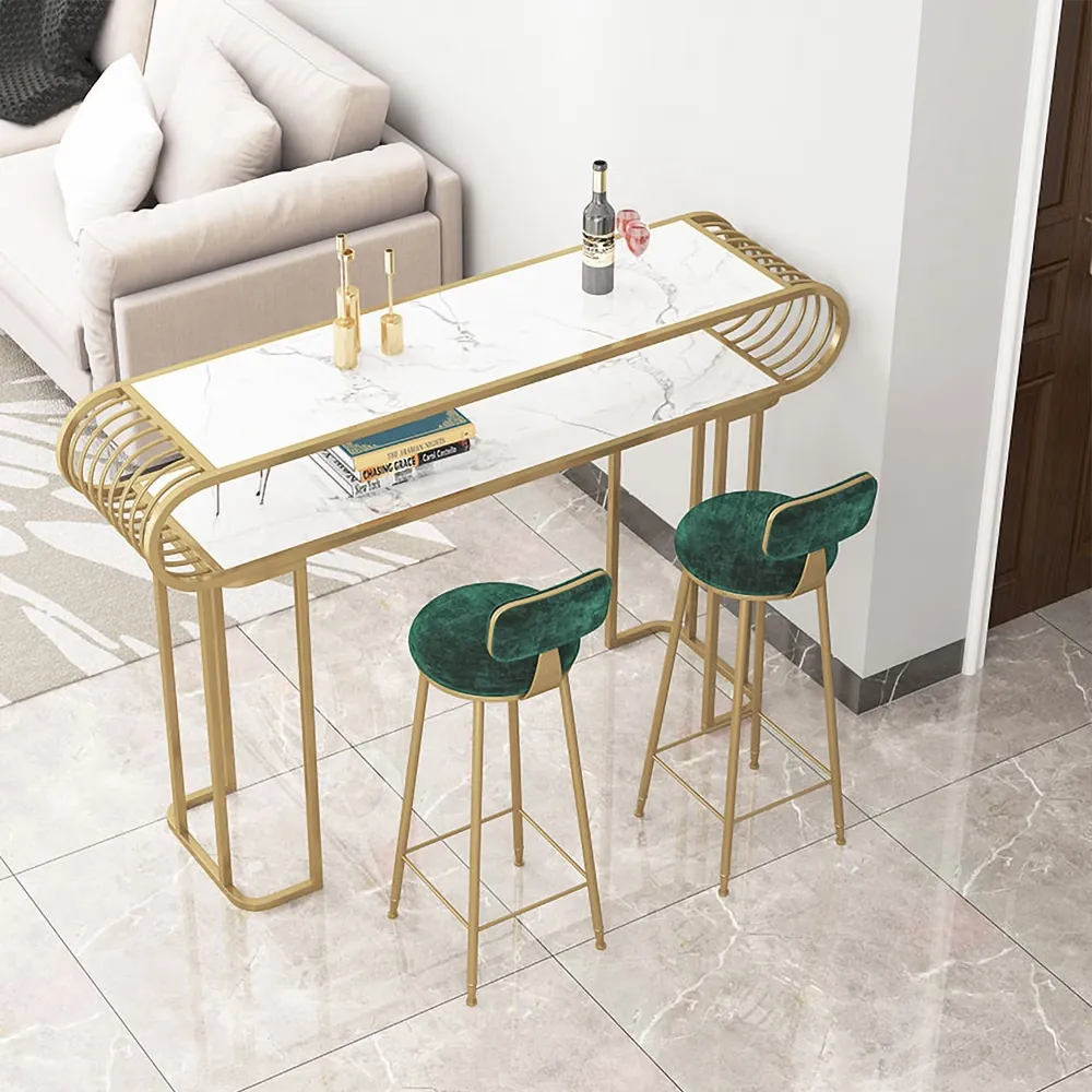 White Counter Height Table Gold Bar Table With Open Shelf For Kitchen Small