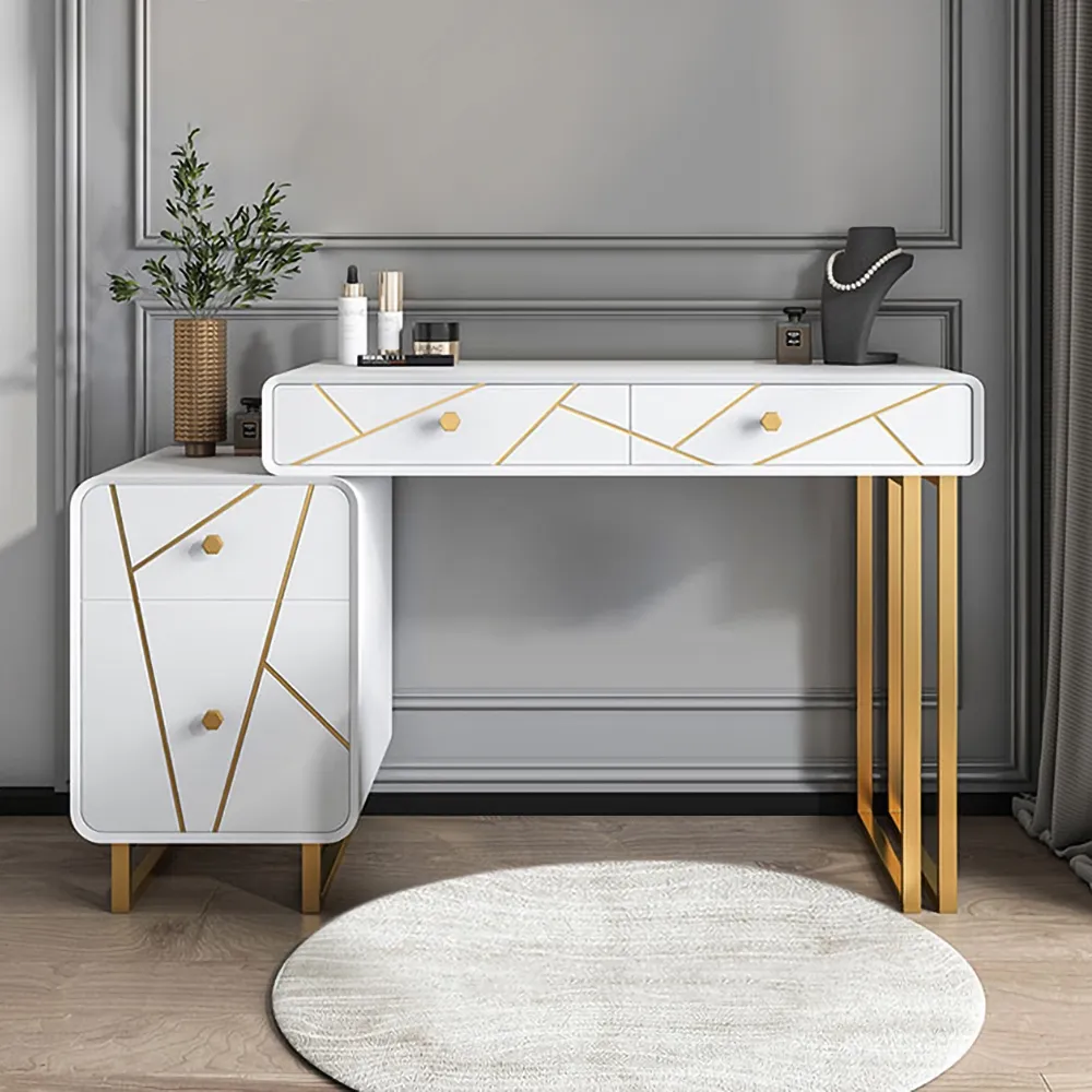 Modern White Makeup Vanity Expandable Dressing Table With Cabinet