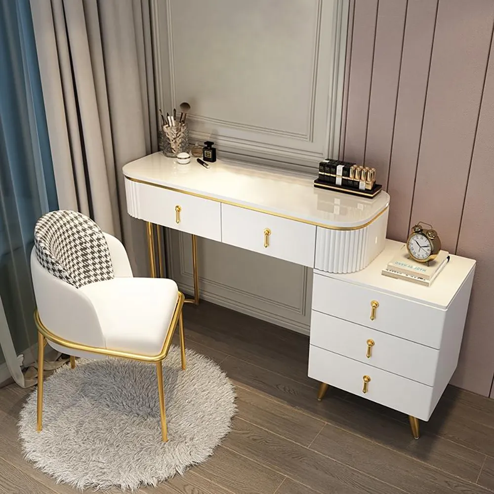 Modern White Oval Makeup Vanity Retracted Top 5 Drawers Side Cabinet Included In Large