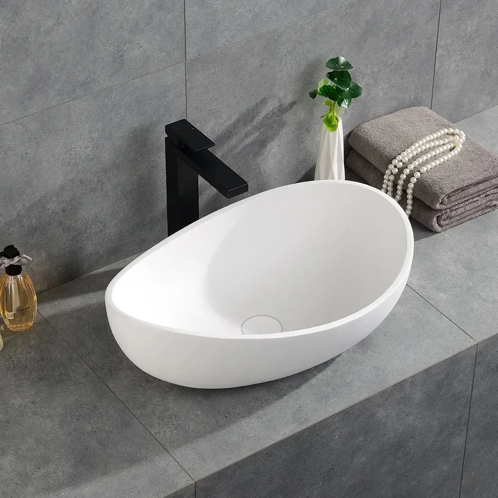 Bathroom Stone Resin Oval Vessel Sink Modern Art Sink Glossy White With Pop Up Drain
