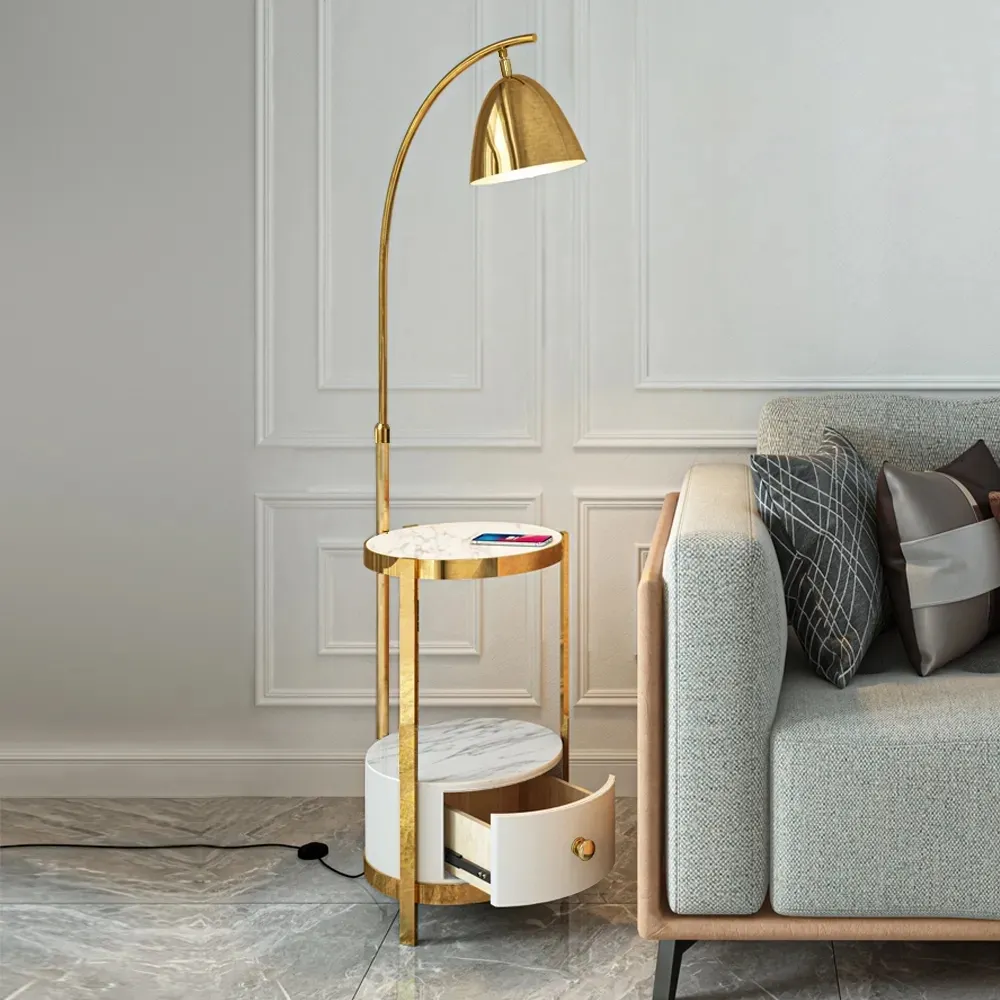 Modern Gold End Table Floor Lamp With Shelves And Table And Drawer Led