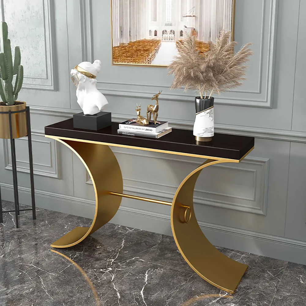 Black Modern Narrow Console Table With Wood Top Metal Pedestal