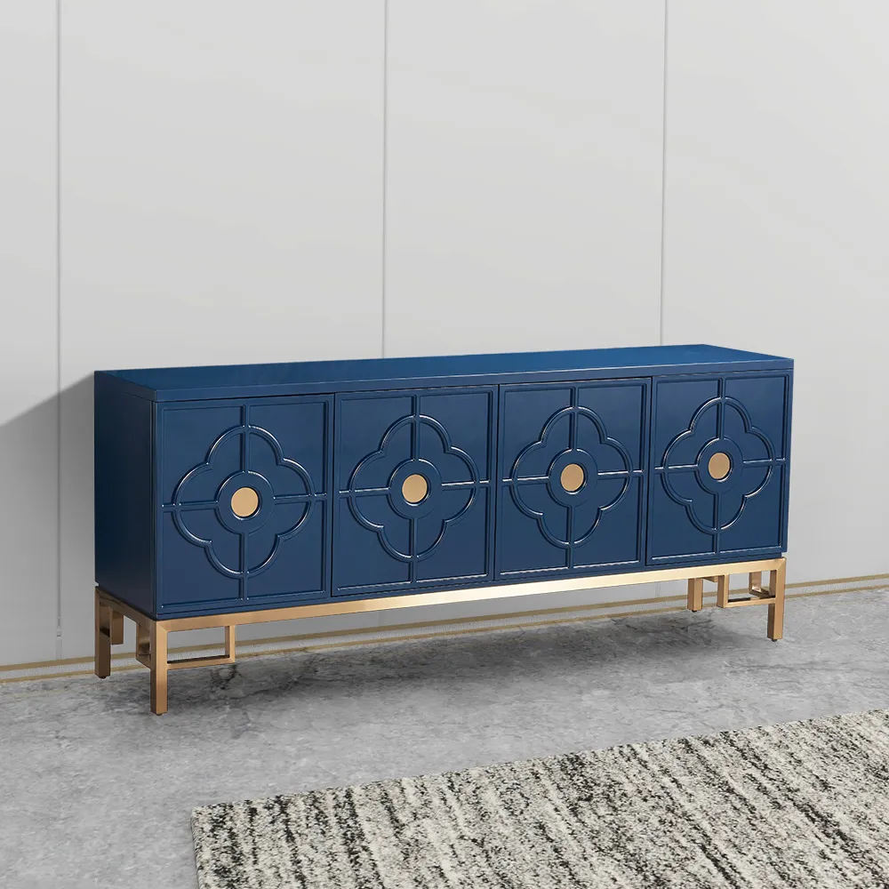 Modern Blue Tv Stand Rectangular 4 Door Clover Embossment Media Cabinet