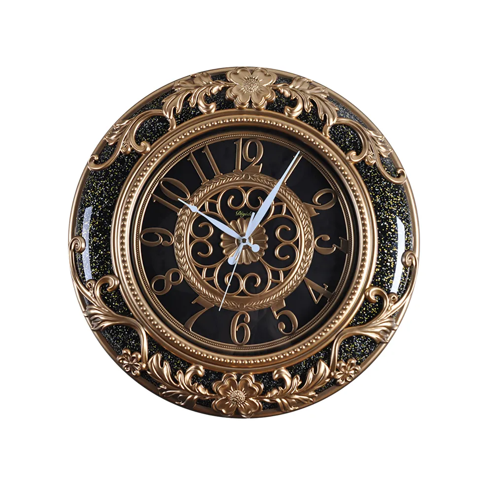 Classic European Retro Pastoral Style Carved Floral Round Large Wall Clock