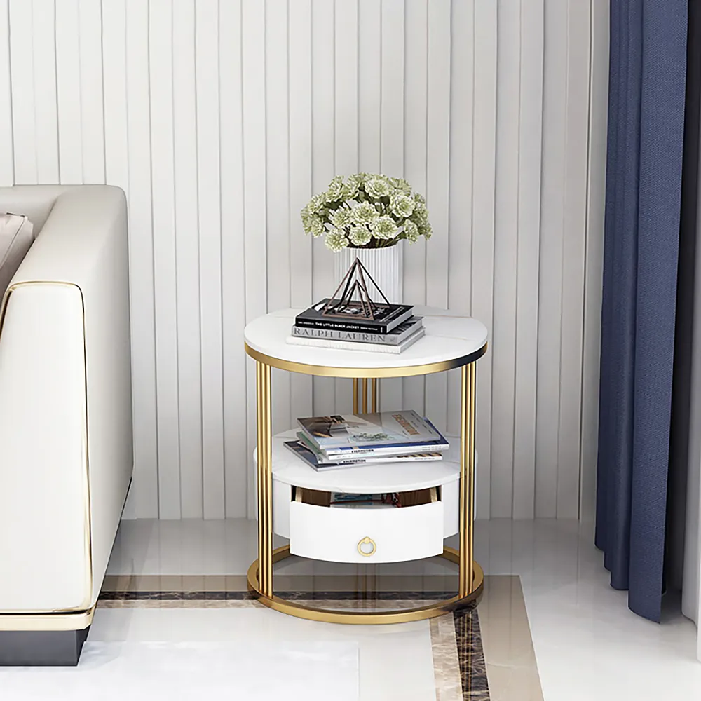 Modern Marble White Nightstand With Drawer With Shelf Round End Table In Gold Base White