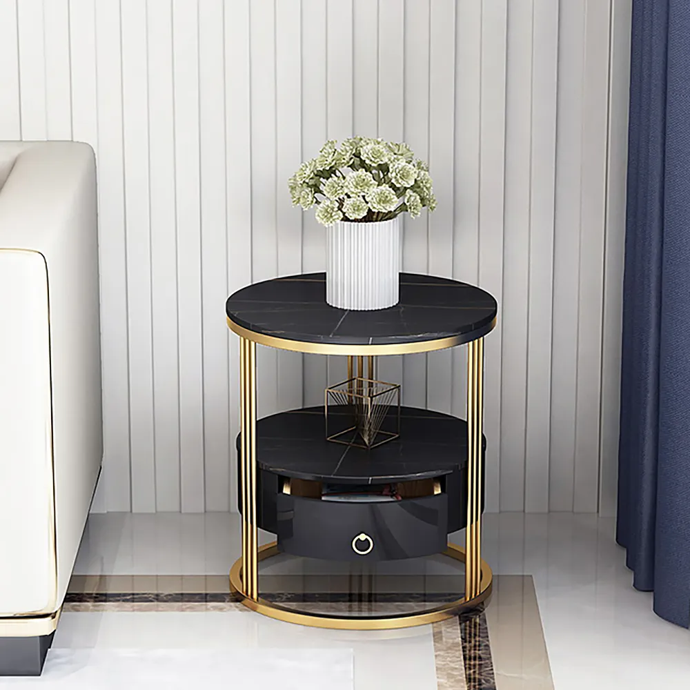 Modern Marble Black Nightstand With Drawer With Shelf Round End Table In Gold Base