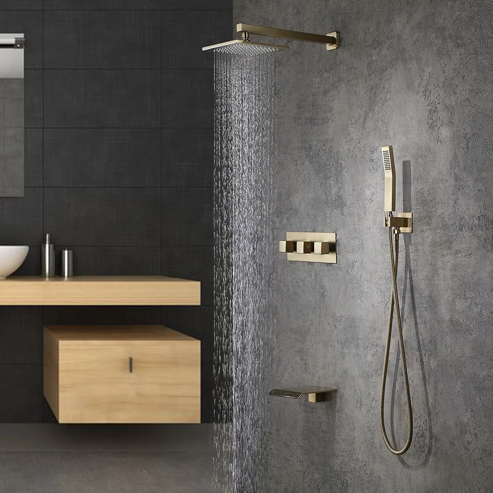 Wall Mounted 10 Shower System In Brushed Gold Rainfall 3 Function Shower Fixture With Tub Spout Solid Brass