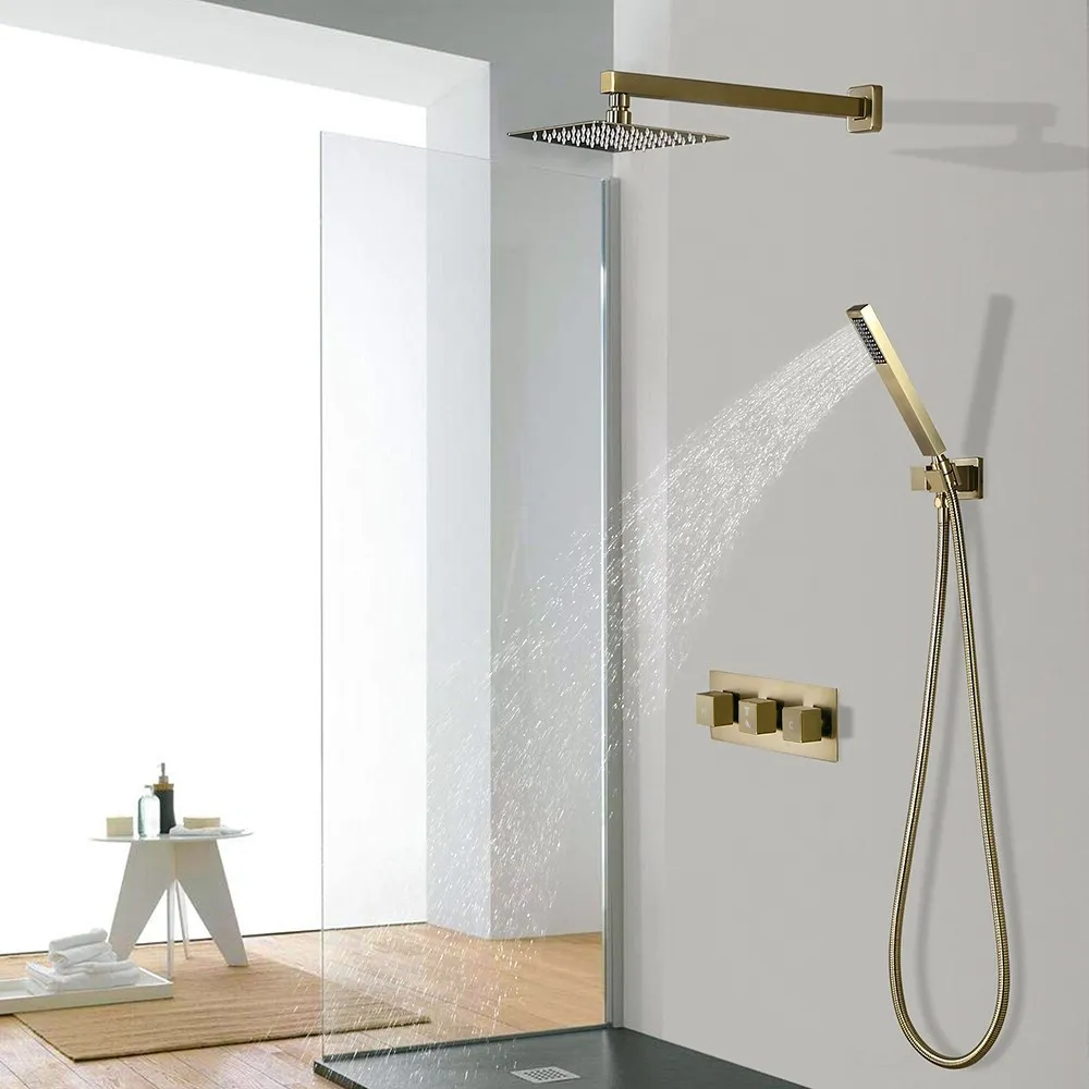 Modern Luxury 8 Square Rain Shower Head Wall Mounted Solid Brass Shower System With Hand Shower