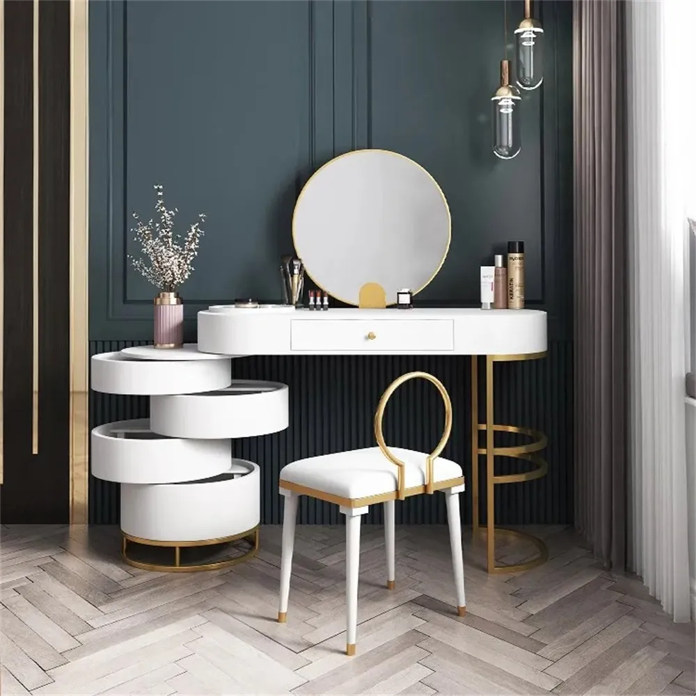 White Makeup Vanity Dressing Table With Swivel Cabinet Mirror Stool Included