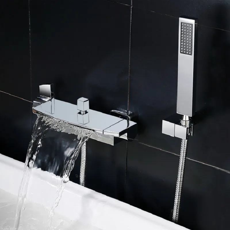 Contemporary Wall Mount Waterfall 2 Handle Chrome Bathtub Filler Faucet With Hand Shower