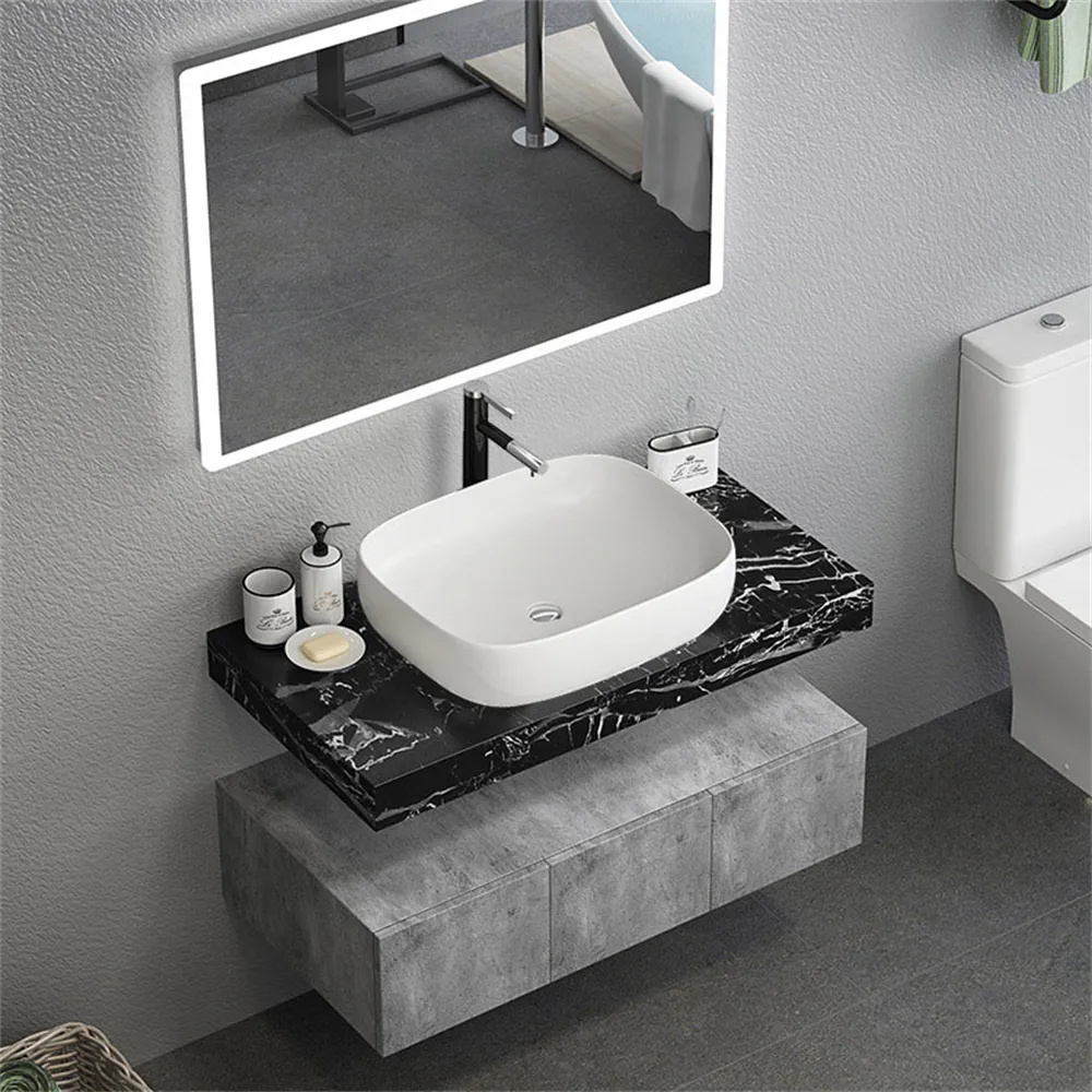 Modern 48 Floating Bathroom Vanity Set Wall Mount Vessel Single Sink Vanity With Drawers Black Marble