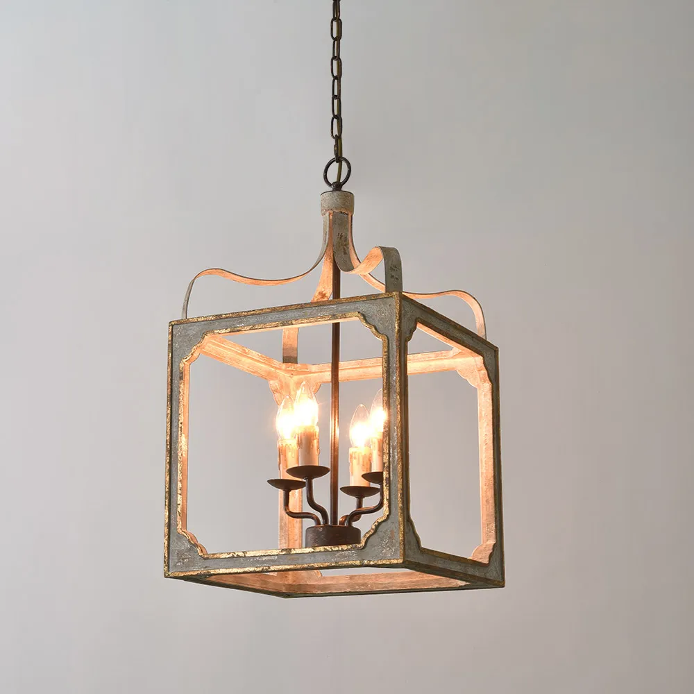 French Country 4 Light Square Lantern Chandelier Metal And Wood In Antique Gray Antique Gold