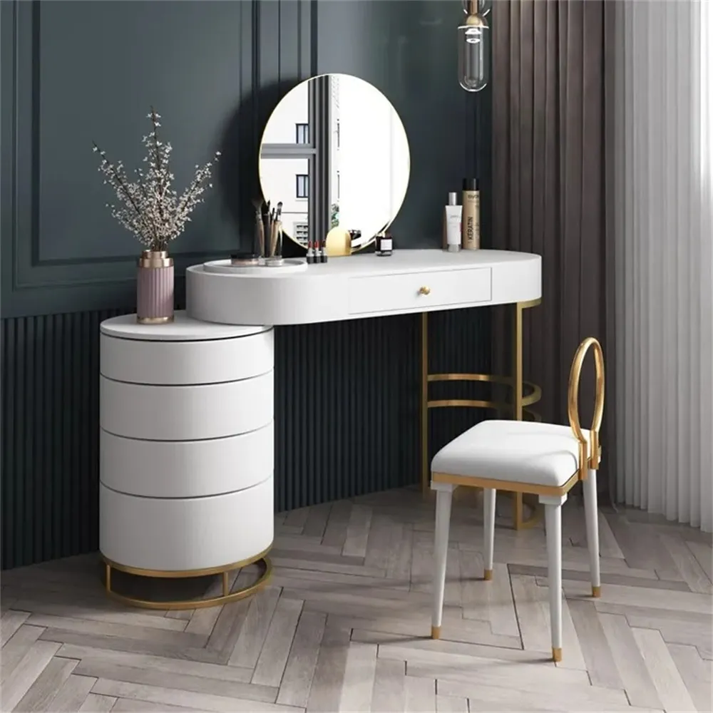 White Makeup Vanity Dressing Table With Swivel Cabinet Mirror Stool Included