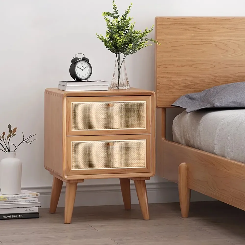 Nordic Natural Nightstand 2 Drawer Rattan Woven Bedside Table Brass Knobs