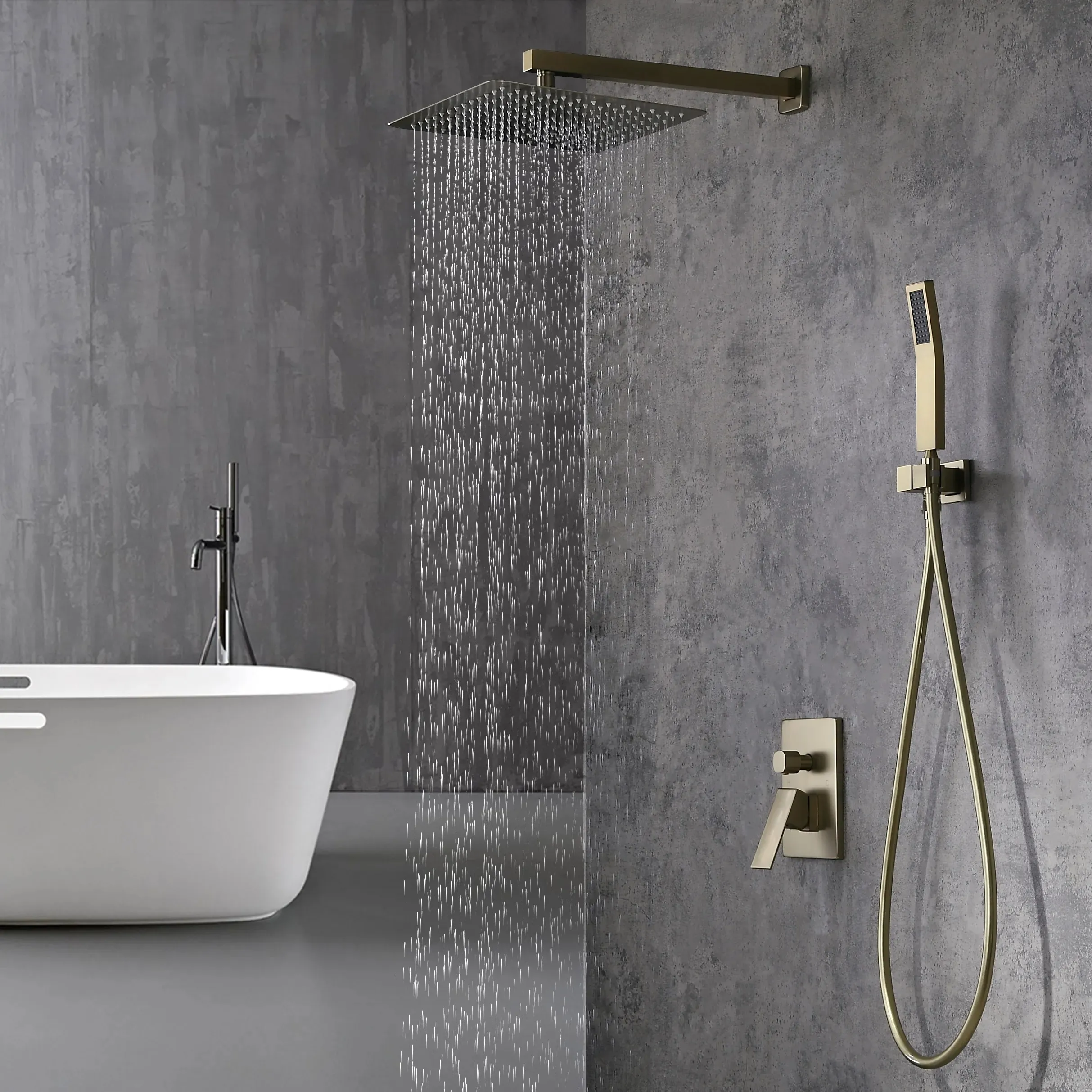 Modern 12 Brushed Gold Rain Showerhead Wall Mounted Shower Faucet Dual Function Shower System With Handheld