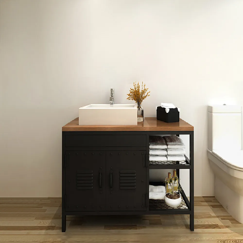 Industrial 31 Black Free Standing Bathroom Vanity With Doors Shelf In Small