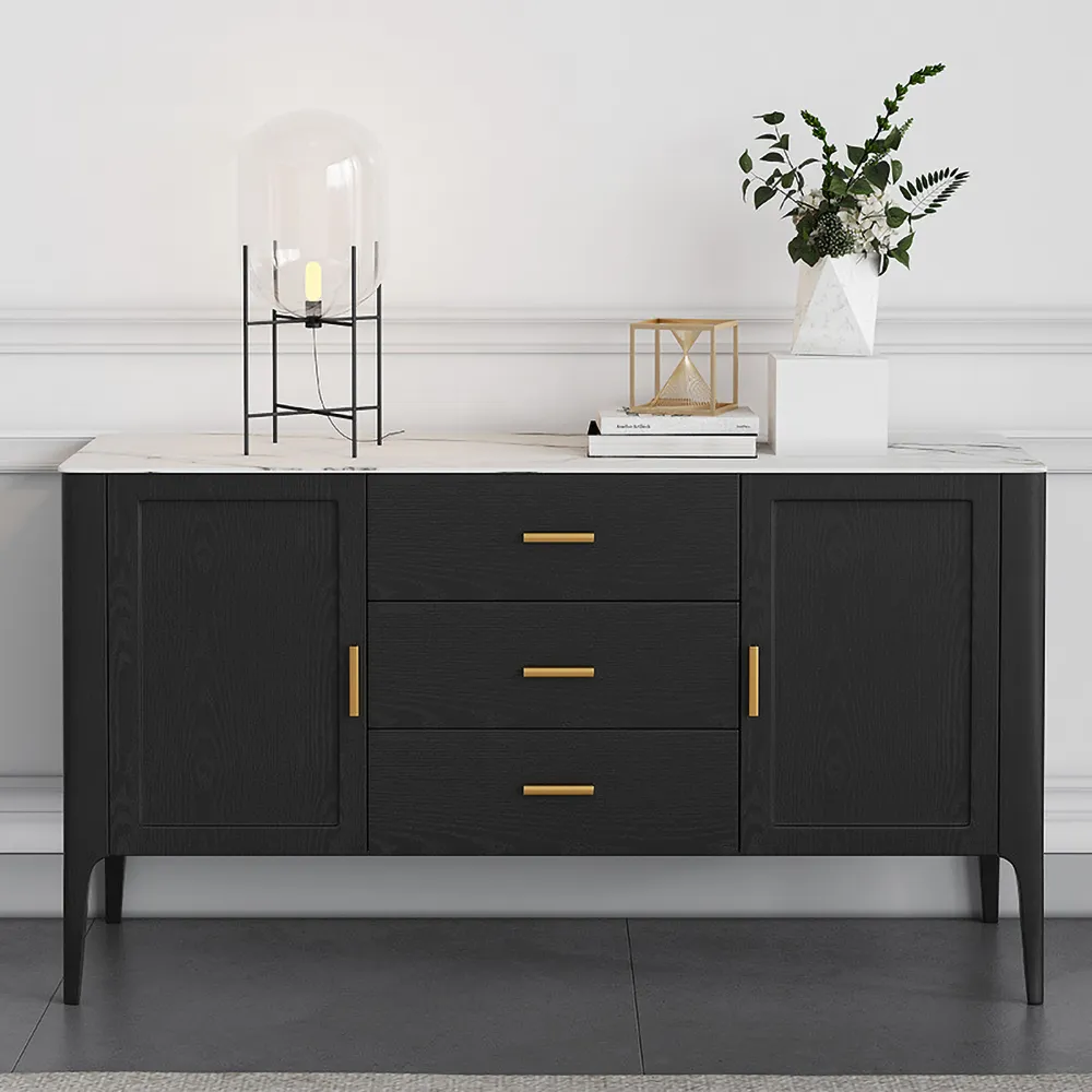 Modern Black Faux Marble Top Buffet Drawers Doors Kitchen Cabinet Gold Pull In Small