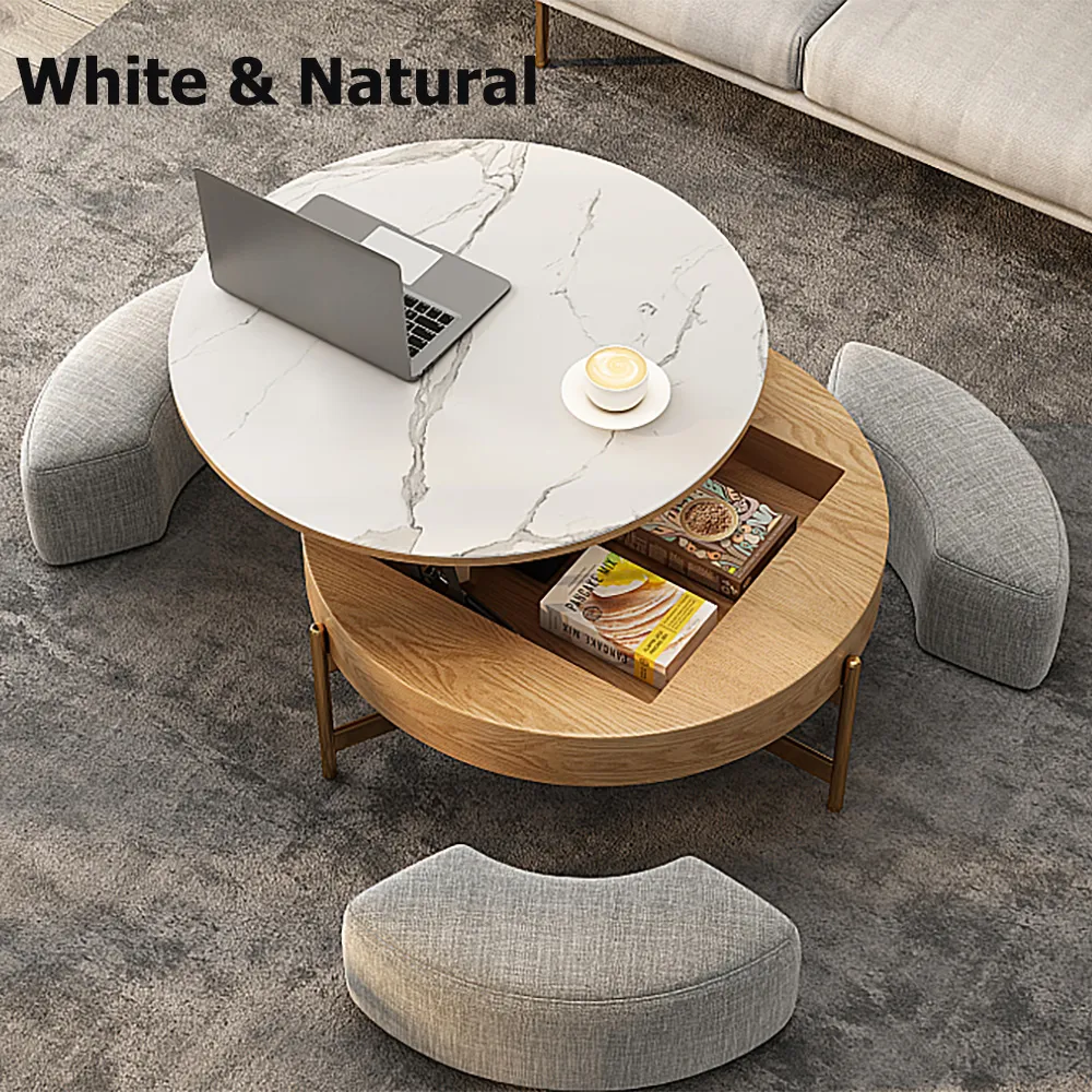 Round Lift Top Coffee Table With Storage 3 Ottoman White Natural