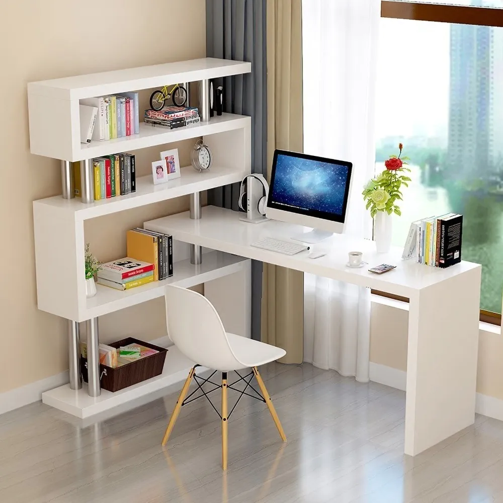 Bureau Moderne En Forme De L Blanc Avec Etageres De Rangement