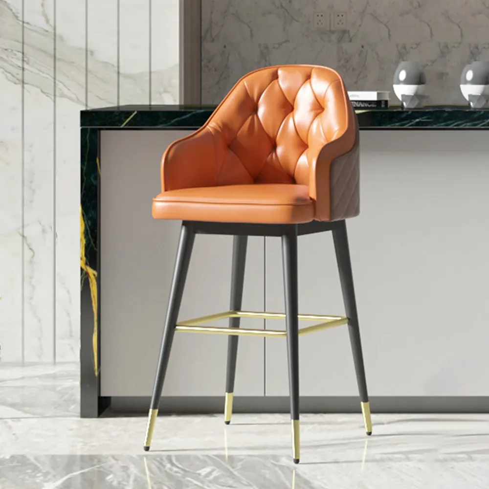 Modern Bar Stool Orange Pu Leather Counter Height Bar Stool With Footrest With Metal