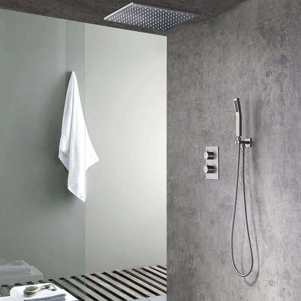 Modern 16 Rain Thermostatic Shower Faucet Brushed Nickel Flush Mount Shower System With Hand Shower