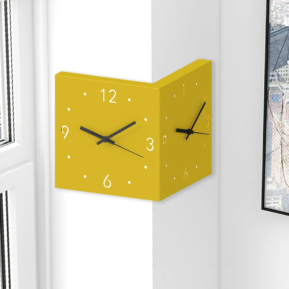 Modern Minimalist Style 3d Double Sided Square Metal Corner Wall Clock