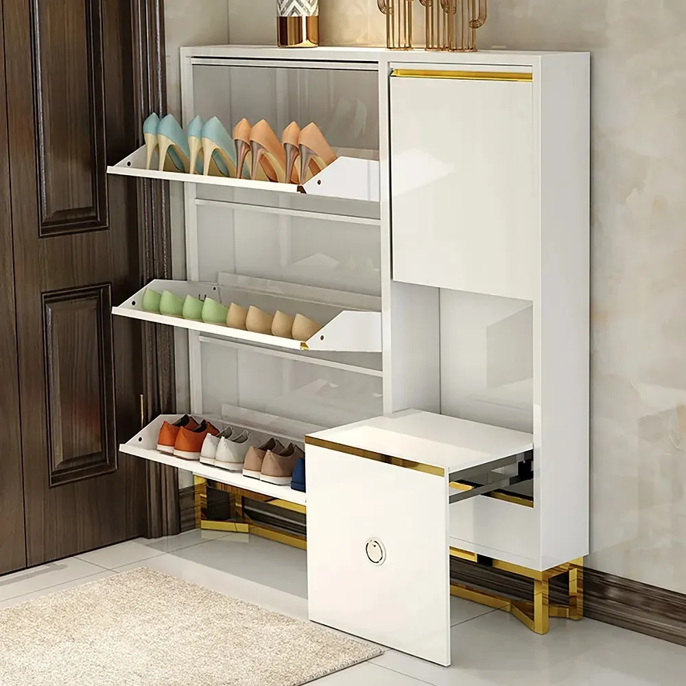 White Narrow Shoe Storage Cabinet With Bench 14 Pair 5 9 D Freestanding