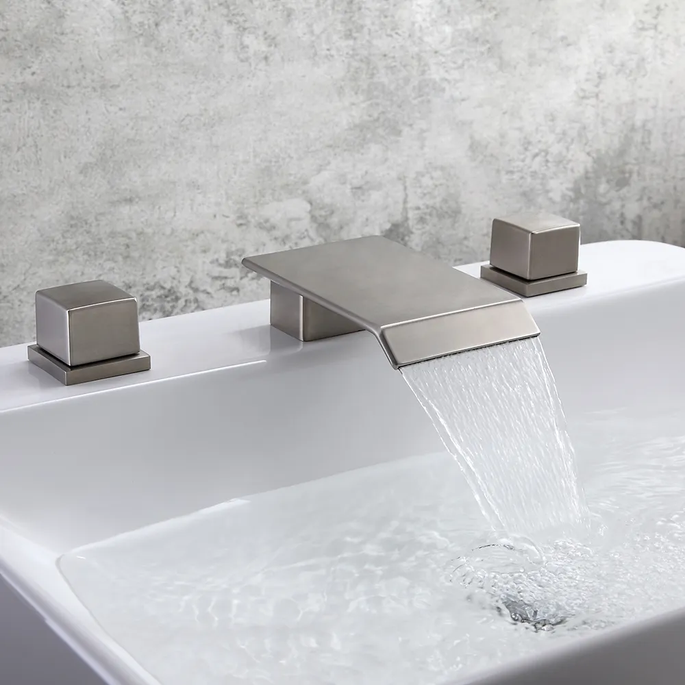 Moda Brushed Nickel Waterfall Widespread Bathroom Sink Faucet Square Double Handle Solid Brass