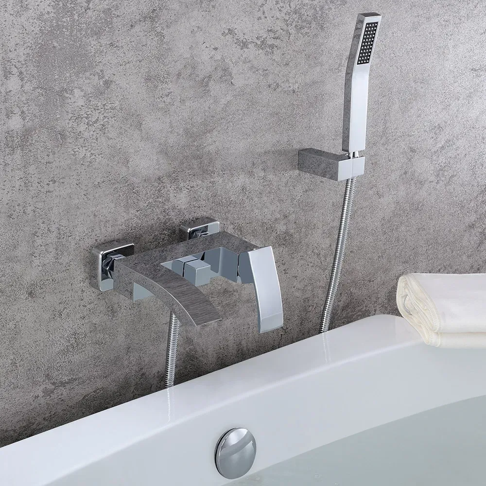 Wall Mounted Single Handle Waterfall Tub Filler Faucet & Handshower in Chrome