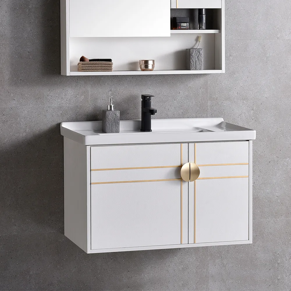White Floating Bathroom Vanity Wall Mounted 31 Ceramics Single Sink With 2 Door