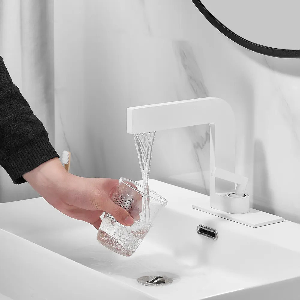 White Waterfall Single Handle Bathroom Sink Faucet Solid Brass Single Hole With Escutcheon