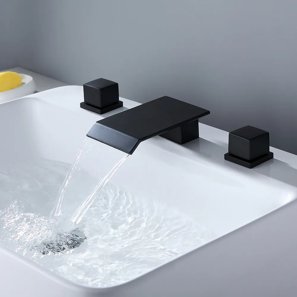 Moda Matte Black Waterfall Widespread Bathroom Sink Faucet Square Double Handle Solid Brass