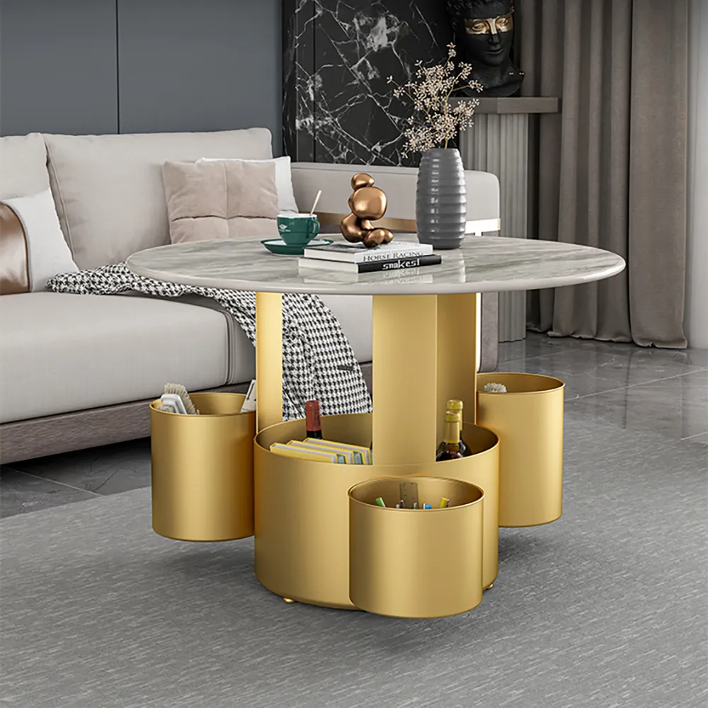 Modern Round Coffee Table With Storage Stone Top Metal Pedestal In Gold