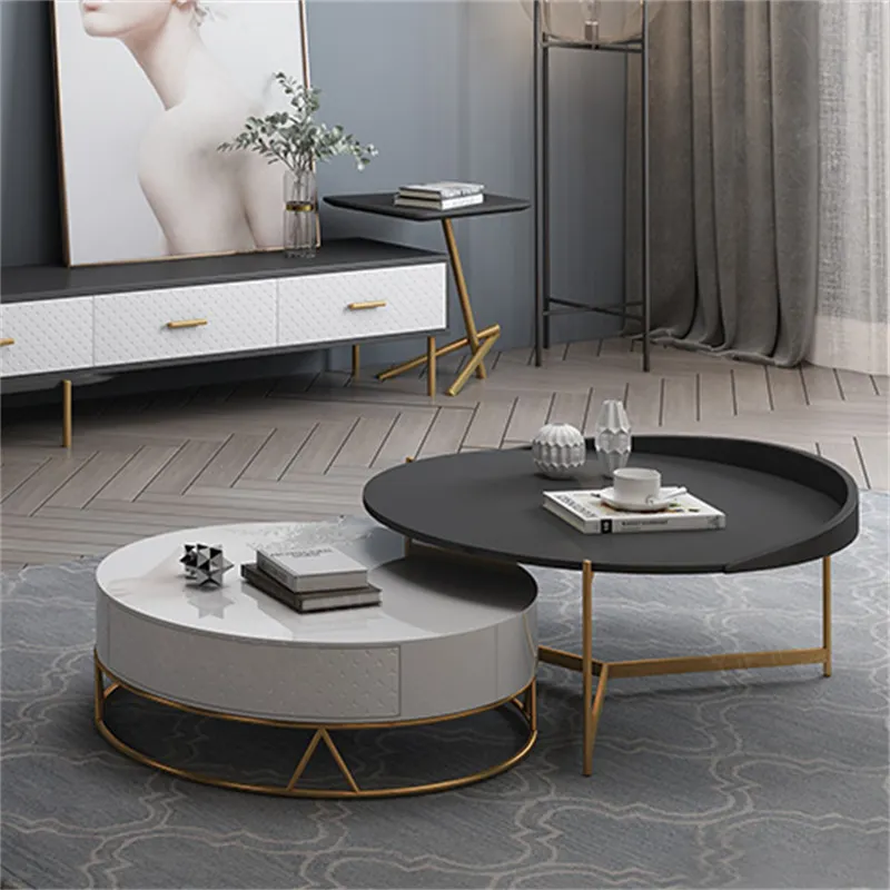 Round Nesting Coffee Table With Storage Rotatable Drawers Wood In White Black