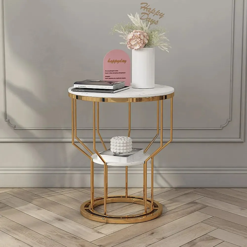 2 Tiered White Round Side Table With Storage Marble Top