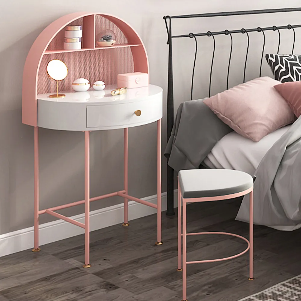 Modern Mini Pink Makeup Vanity Set Semi Circle Dressing Table With