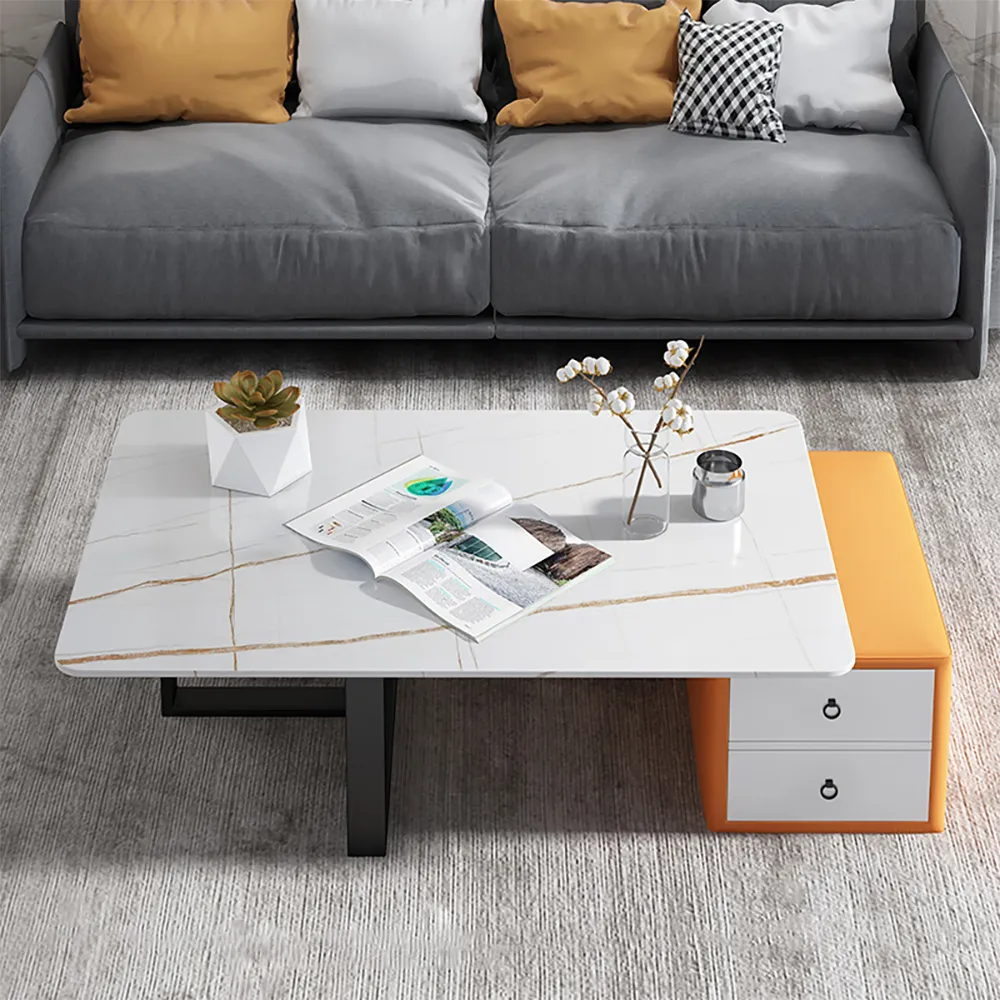 Modern White Coffee Table With Drawer In Stone Top Metal Frame