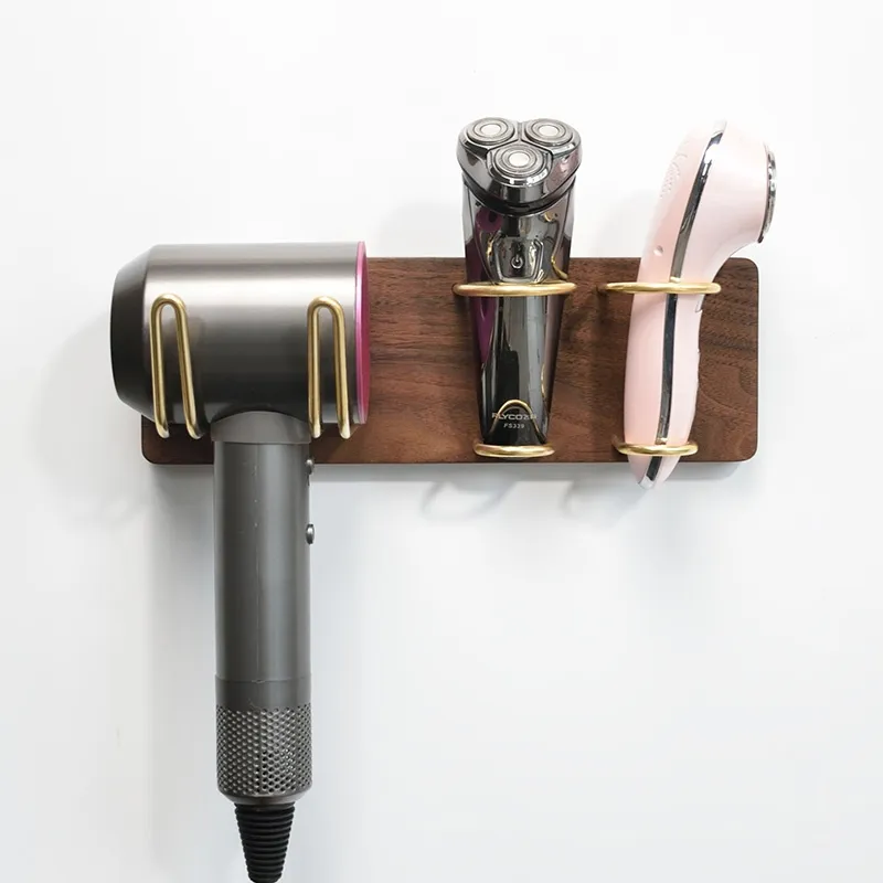 Stylish Wall Mounted Hair Dryer Holder Brass Metal Walnut Backplate With Shelf Style - Wall Mount Hair Dryer Organizer