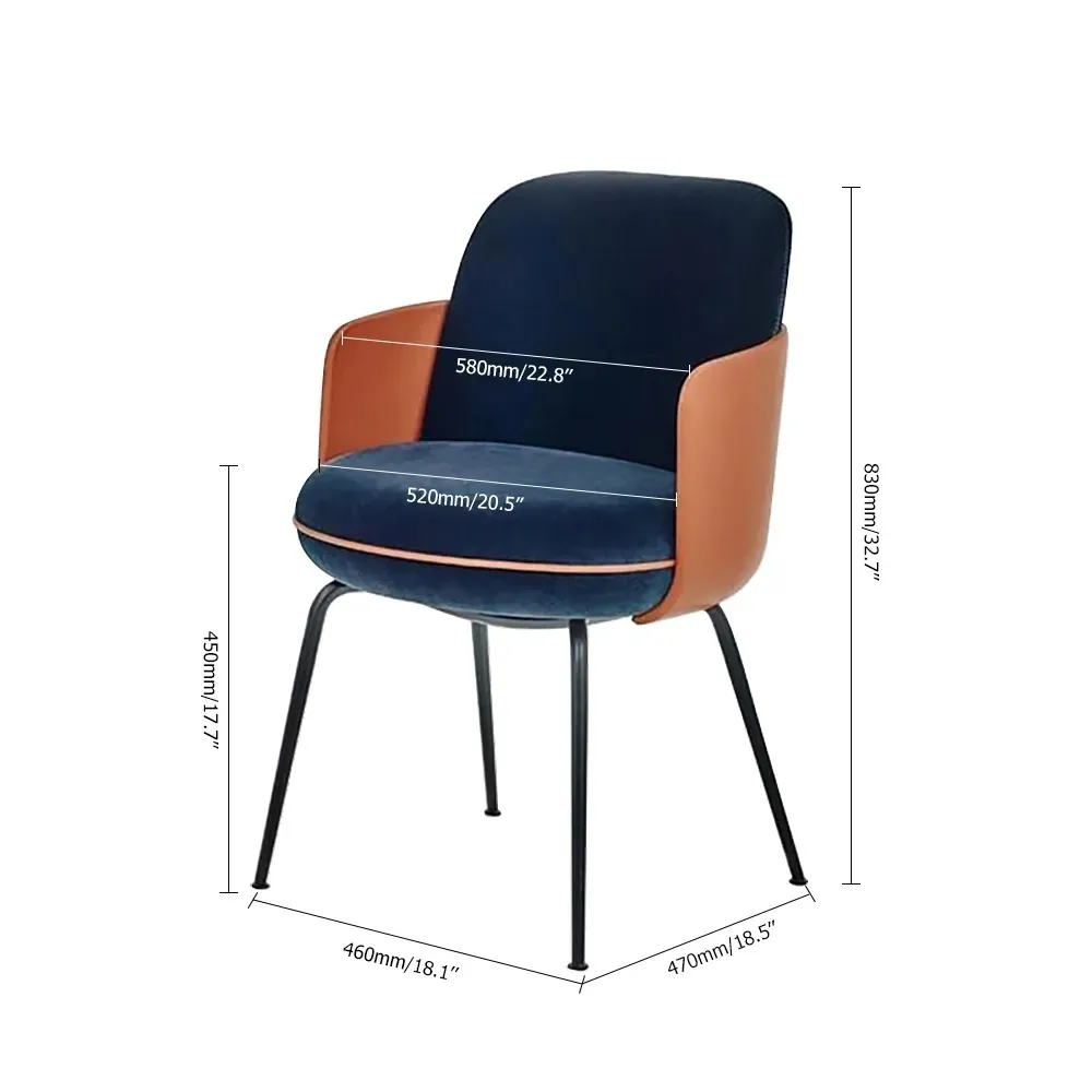 Modern Blue Velvet Dining Chair Metal Arm Chair Carbon Steel In Black