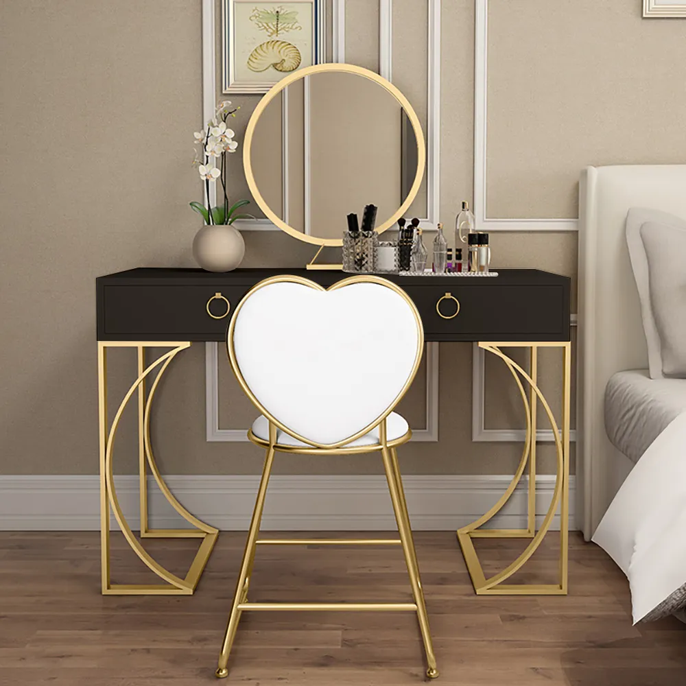 Modern Black Makeup Vanity 2 Drawer Dressing Table With Mirror Faux Leather Upholstery Stool