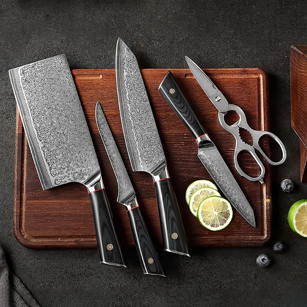 6 Pieces Damascus Kitchen Knife Set With Block Damascus Chef Knives