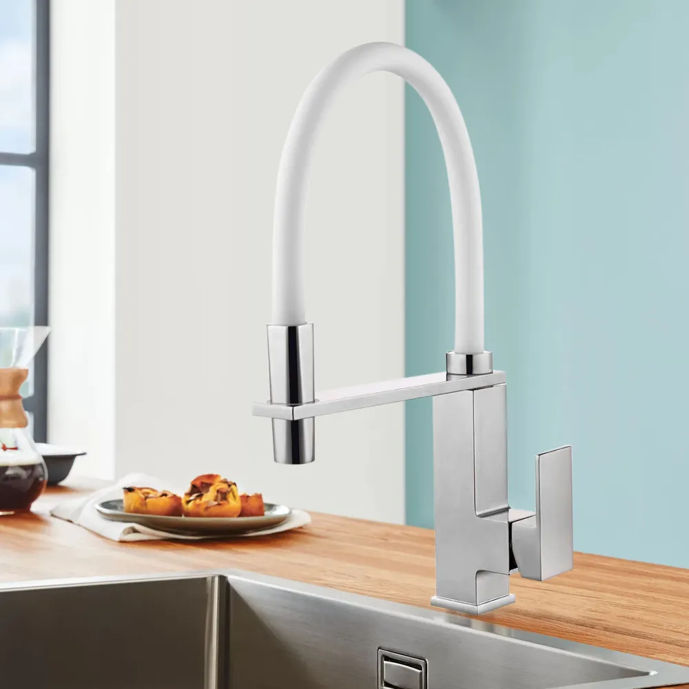 robinet de cuisine monobloc monocommande chrome poli et blanc