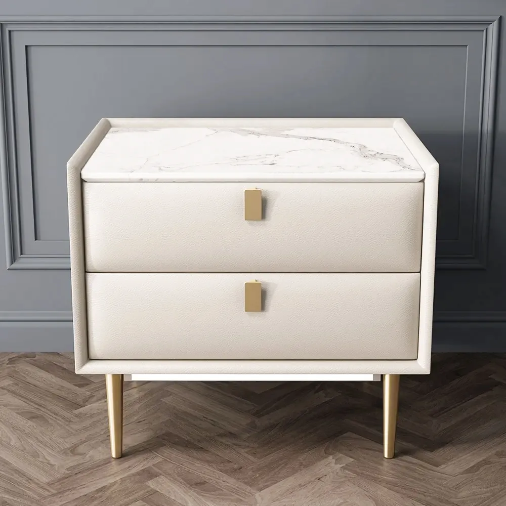 Modern Nightstand 2 Drawers Nightstand Pu Leather Bedside Table Nightstand With Gold Metal Legs