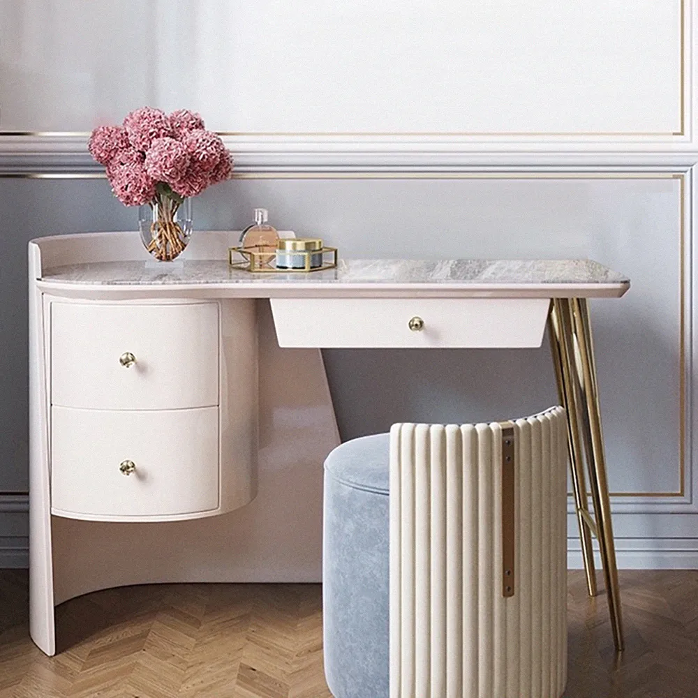 Off White Modern Stone Tabletop Dressing Makeup Vanity Dressing Table With Drawers