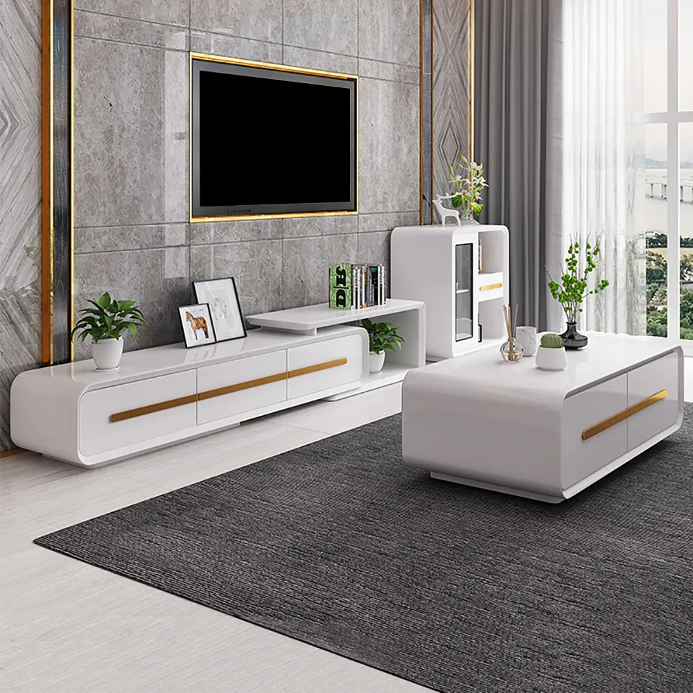 Nordic White Extendable Tv Stand With Coffee Table Set Of 2