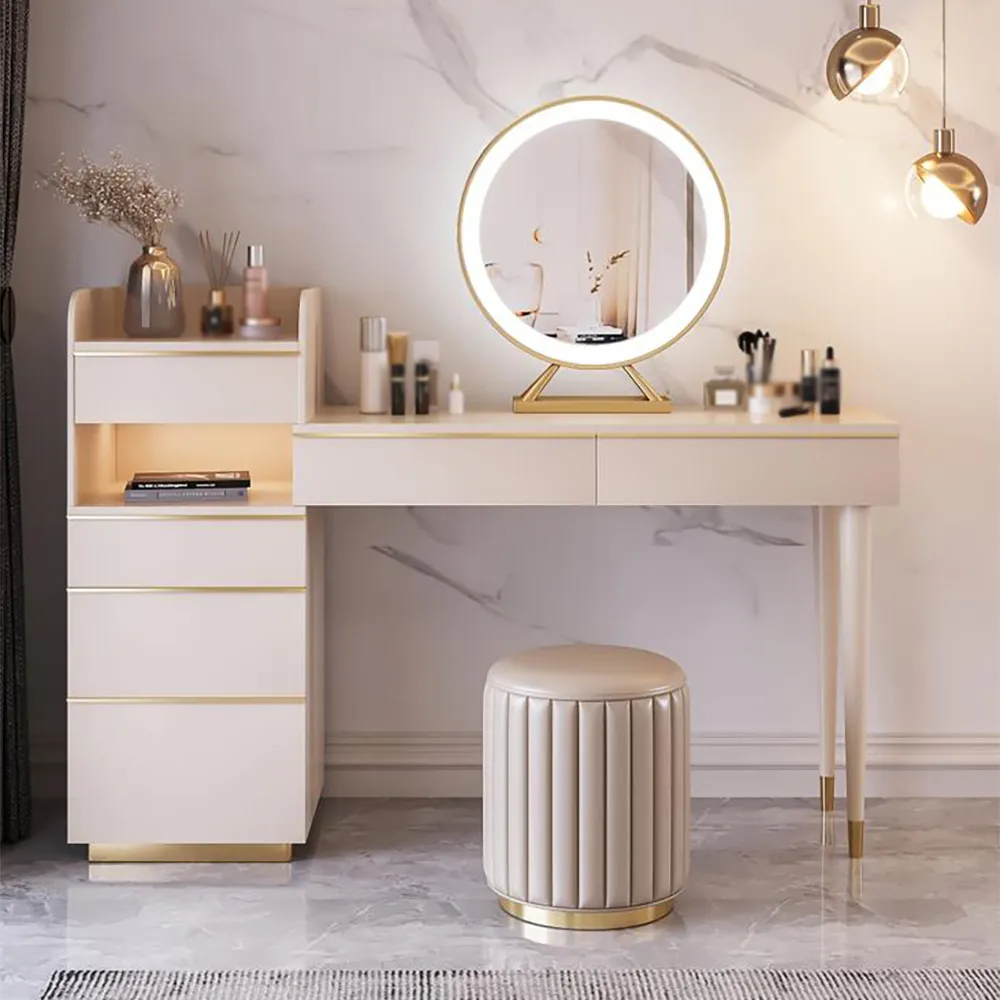 Off White Makeup Vanity Set Dressing Table With Lighted Mirror Cabinet Stool Included