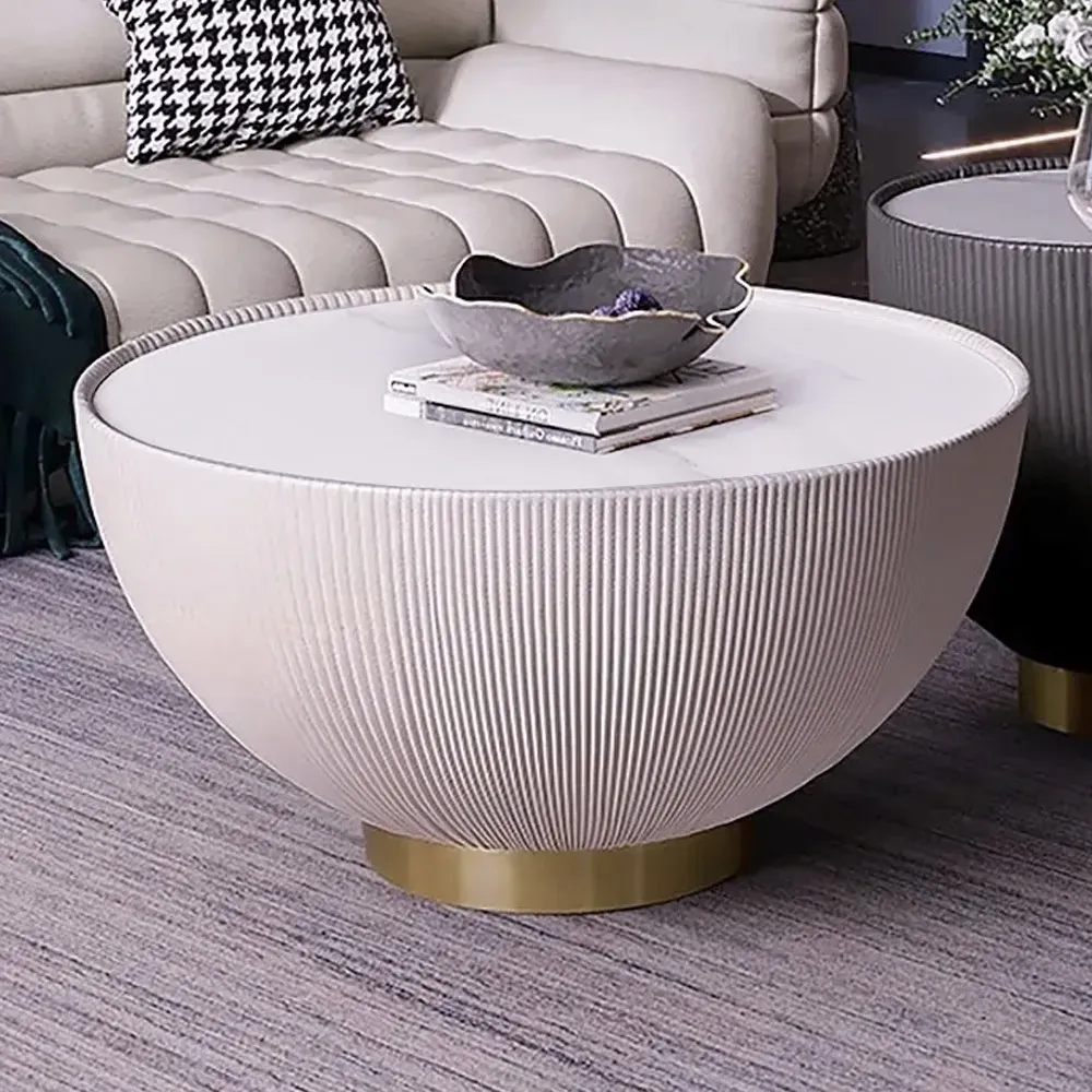 Beige Drum Coffee Table Stone Round Pu Leather Accent Table In Gold